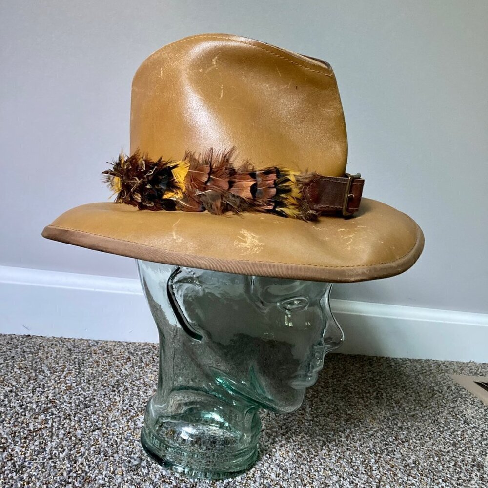 Vintage United Hatters Millinery Leather Cowboy Hat w/ Feathers USA Size Small